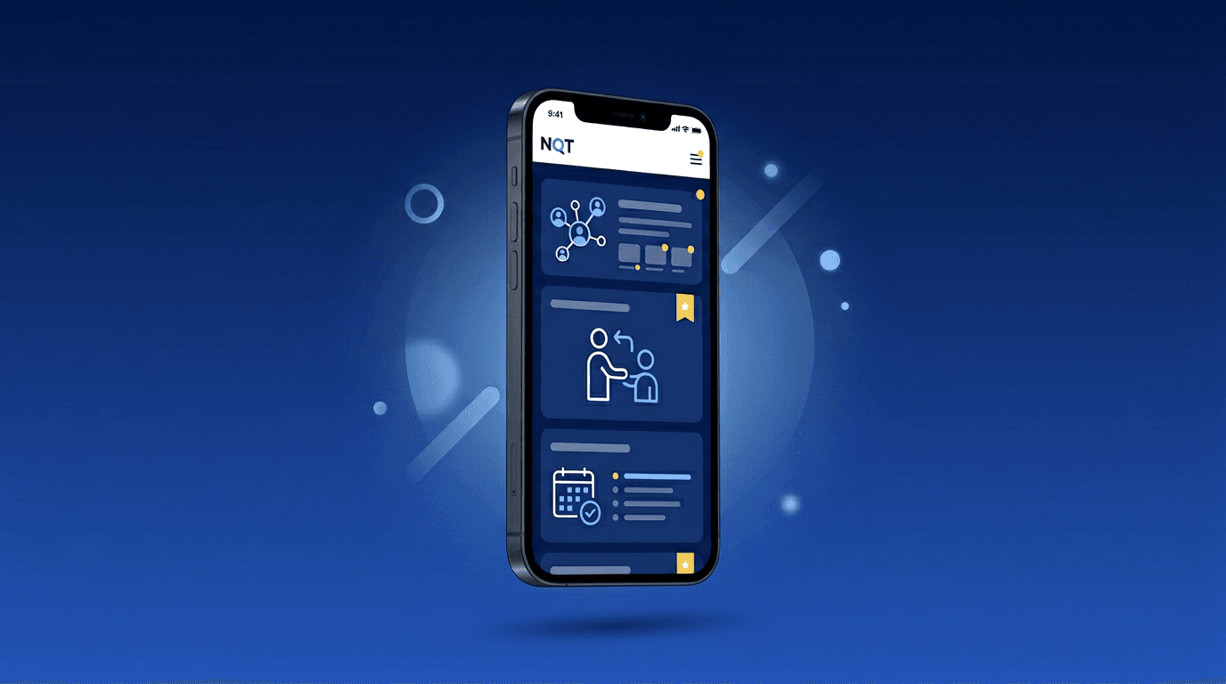 Illustration smartphone : application NQT, mentorat et réseau professionnel.
